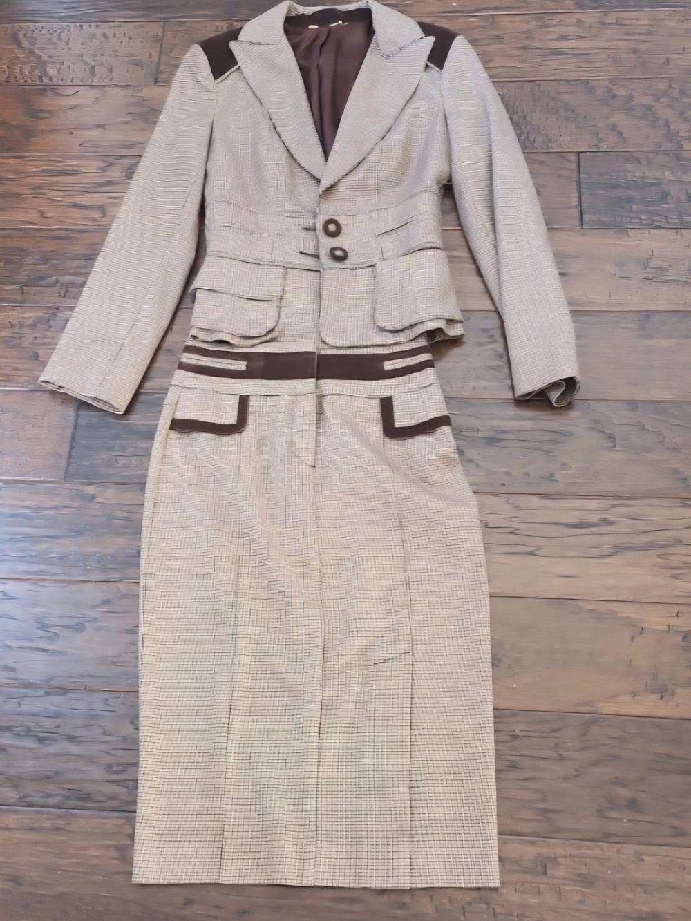 bebe Beige Jacket and Skirt Set with Brown Trim